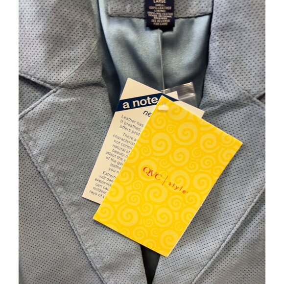 Women’s Denim & Co. Perforated Light Blue Leather Blazer Jacket Size L New W/Tag - Picture 2 of 8